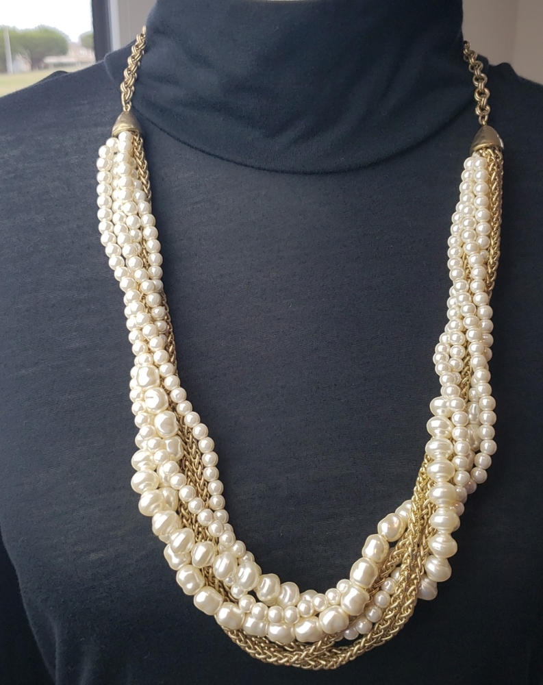 Chico's Statement Necklace Faux Pearls and Gold Chains OS with Extender